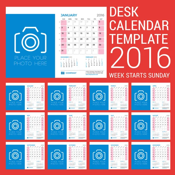 Kalender Meja untuk Tahun 2016. Templat: Vector Stationery Design Template Minggu dimulai hari Minggu. 3 Bulan di Halaman - Stok Vektor