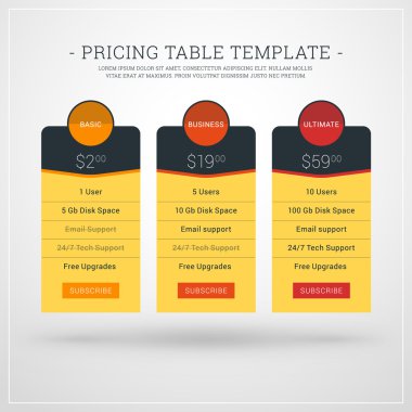 Tablo Web siteleri ve uygulamalar için fiyatlandırma için tasarım şablonu. Düz stil UI. Vektör çizim