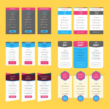 Set of Pricing Table Design Templates for Websites and Applications. Flat Style Vector Illustration