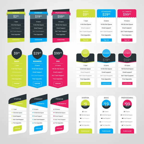 Set of Pricing Table Design Templates for Websites and Applications. Flat Style Vector Illustration — Stok Vektör