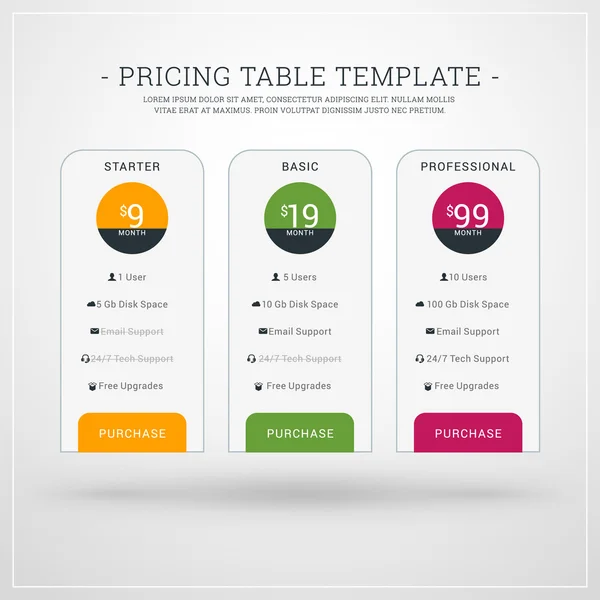 Design Template for Pricing Table for Websites and Applications. Flat Style UI. Vector Illustration — Stock Vector