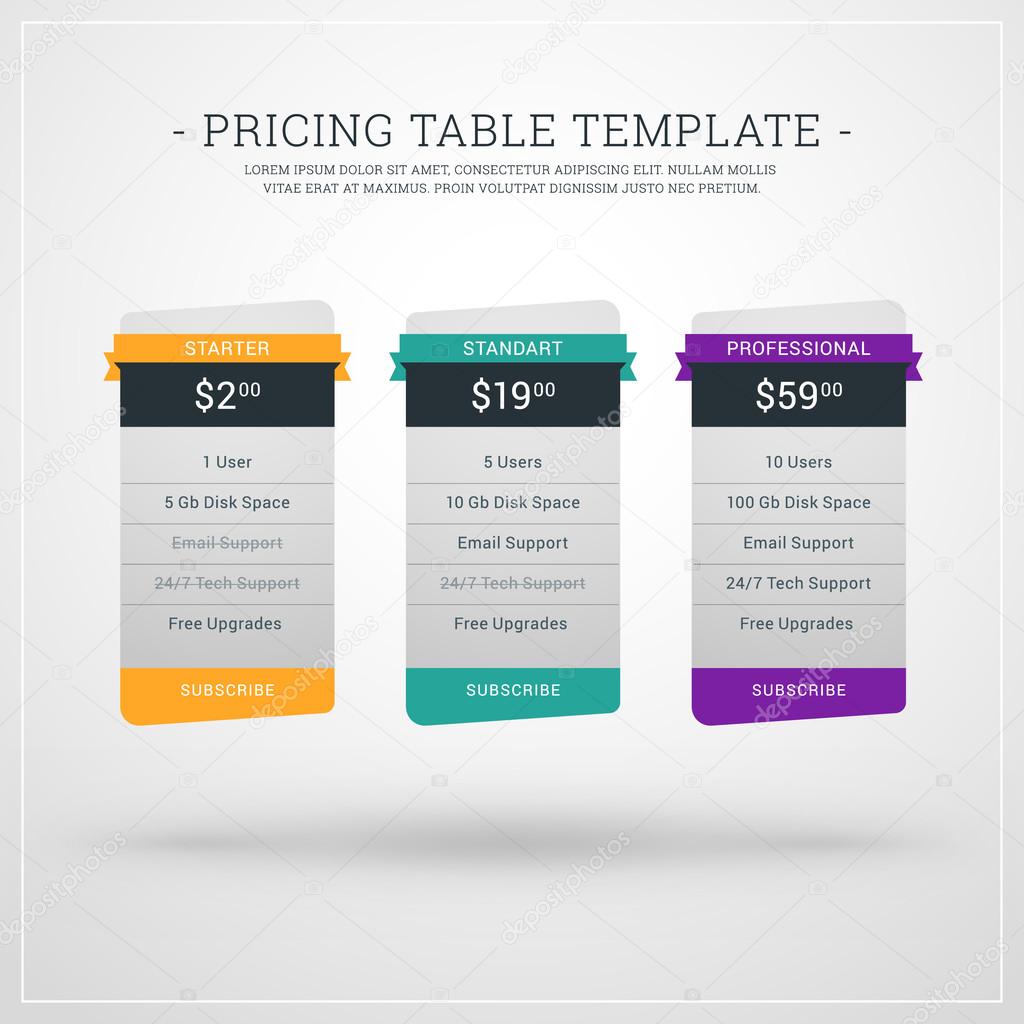 Design Template for Pricing Table for Websites and Applications. Flat Style UI. Vector Illustration