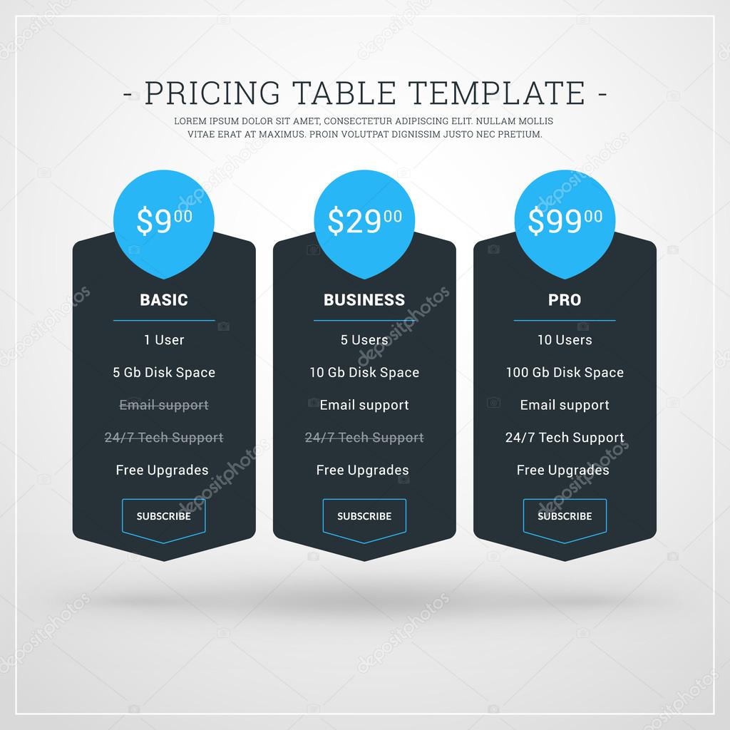 Design Template for Pricing Table for Websites and Applications. Flat Style UI. Vector Illustration