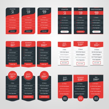 Set of Pricing Table Design Templates for Websites and Applications. Flat Style Vector Illustration
