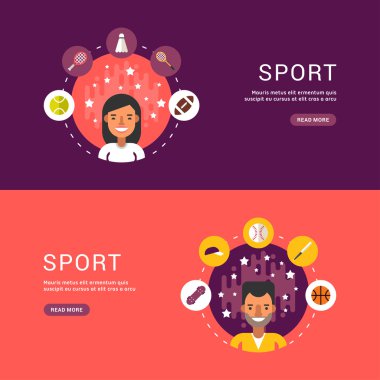 Vector Illustrations in Flat Design Style. Sport Icons and Sportsman Cartoon Character in Circle. Summer Sports vector