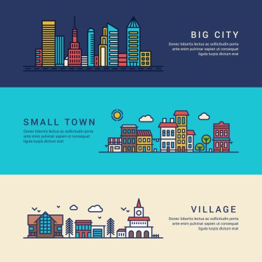 Büyük Şehir, Küçük Kasaba ve Köy. Web Banner'lar veya Promosyon Malzemeleri için Düz Stil Çizgi Sanat Vektör Kavramsal İllüstrasyon
