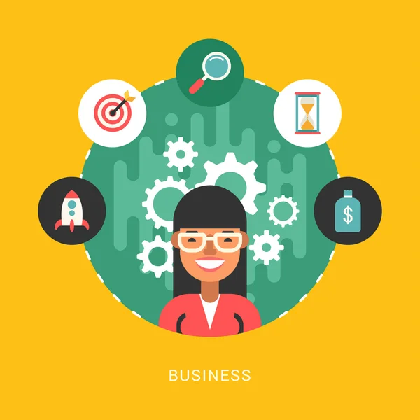 Vector Illustration in Flat Design Style. Business Icons and Businesswoman Cartoon Character in Circle — Stock vektor