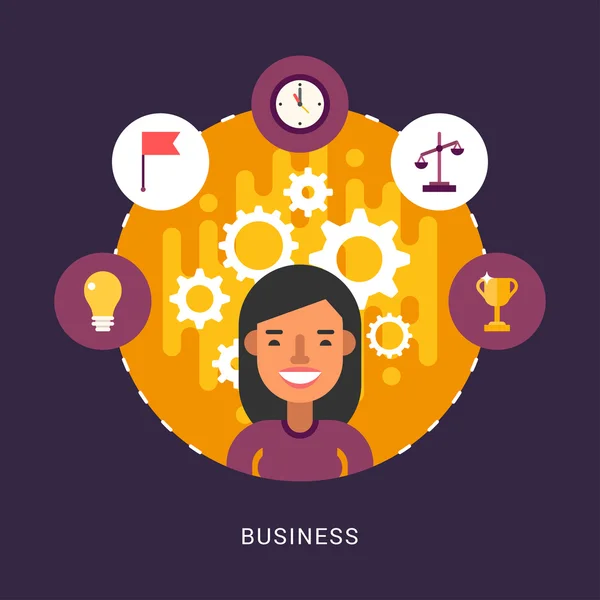 Vector Illustration in Flat Design Style. Business Icons and Businesswoman Cartoon Character in Circle — Stock vektor