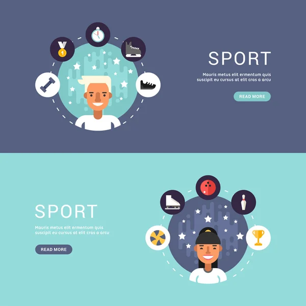 Ilustrações vetoriais em estilo de design plano. Ícones do esporte e personagem de desenho animado esportivo no círculo. Esportes de Inverno —  Vetores de Stock