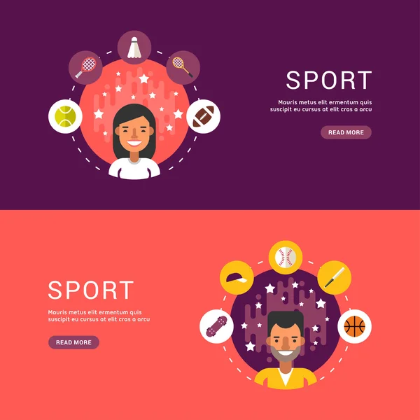 Vektor illusztrációk sík design Style. Sport ikonok és Sportsman rajzfilmfigura a kör. Nyári sportok — Stock Vector