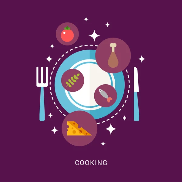 Ilustración vectorial en estilo de diseño plano. Iconos de comida y cocina en la placa — Archivo Imágenes Vectoriales