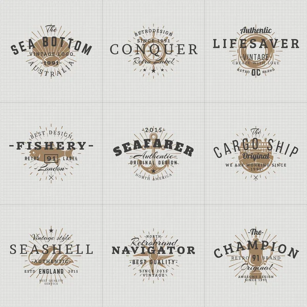 Set of Hipster Vintage Labels, Logotypes, Badges for Your Business. Nautical Theme - Sea, Anchor, Octopus, Ship, Fish, Shell. Vector Illustration — стоковий вектор