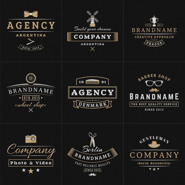 Set of Hipster Vintage Labels, Logotypes, Badges for Your Business. Bow-tie, Windmill, Barber, Camera, Scissors, Hat. Vector Illustration on Dark Textured Background — Wektor stockowy