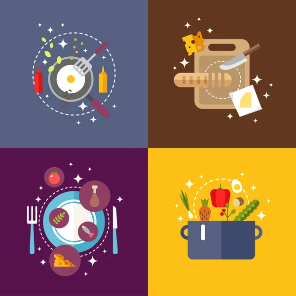 Conjunto de Ilustrações vetoriais de design plano com utensílios de cozinha e alimentos. Pão numa tábua de corte. Ovos fritos numa frigideira. Prato servido. Sopa na panela — Vetor de Stock