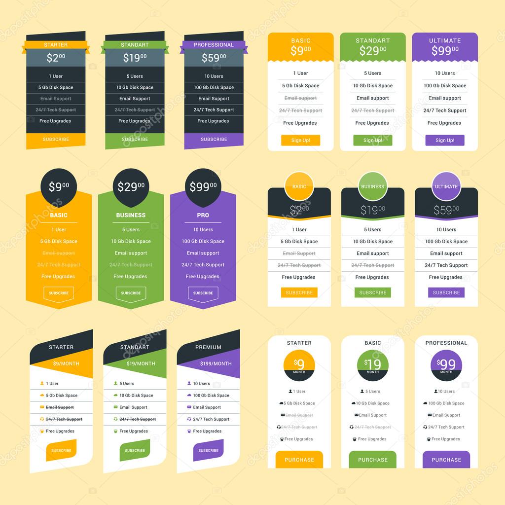 Set of Pricing Table Design Templates for Websites and Applications. Flat Style Vector Illustration