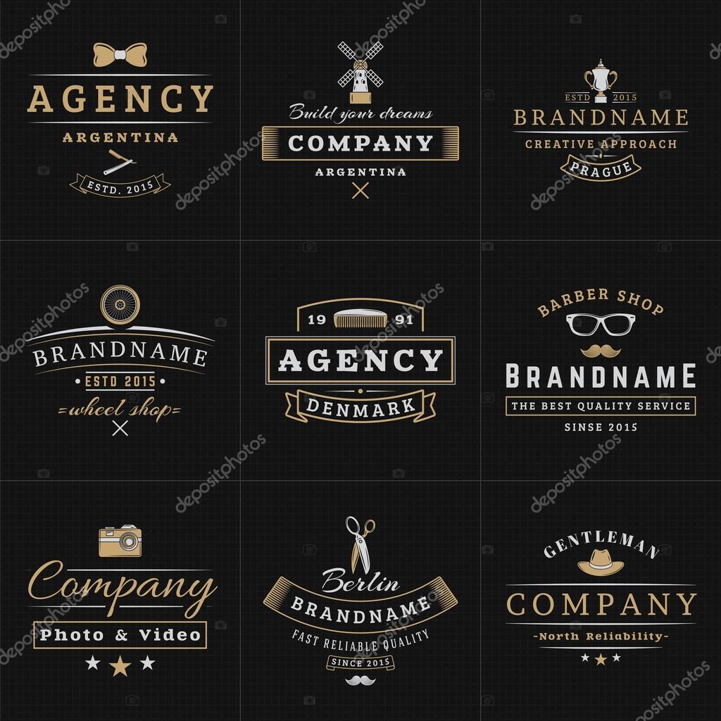 Set of Hipster Vintage Labels, Logotypes, Badges for Your Business. Bow-tie, Windmill, Barber, Camera, Scissors, Hat. Vector Illustration on Dark Textured Background