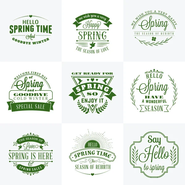 Set Distintivi tipografici Primavera Vintage. Illustrazione vettoriale. Ciao, Spring. Biglietto di auguri Design — Vettoriale Stock