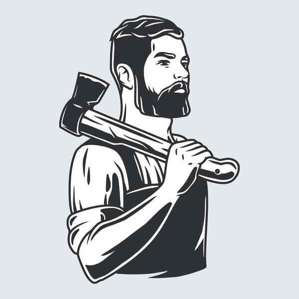 Silhouette of carpenter or axeman. Carpentry tools. Woodworker with axe in his hands. Monochrome vector illustration of lumberjack.