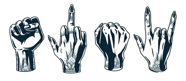 Set of female wrists, hand gestures with tattoo Stock Vector