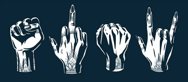 Set of female wrists, hand gestures with tattoo Stock Vector