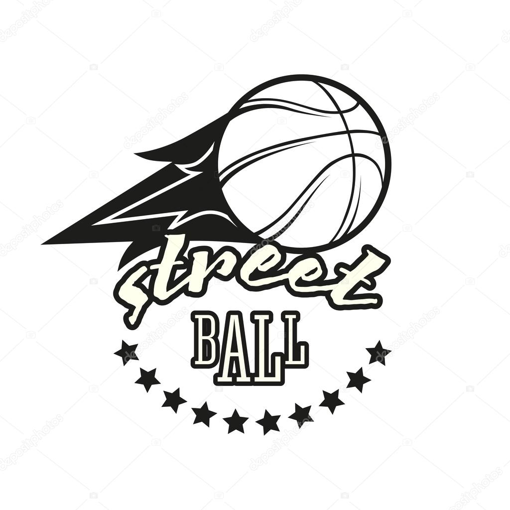 Streetball icon logo set. Street basketball labels with ball and basket in modern and vintage styles. Street ball flat badges. Street art style. Street sign for your design. Basketball game logo.