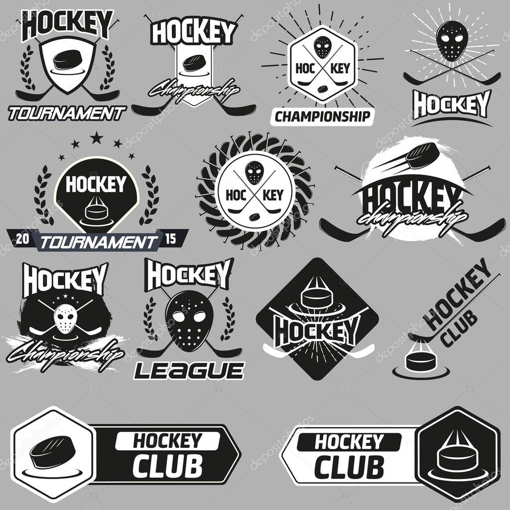 Hockey Label set . Flat black and white vintage logo