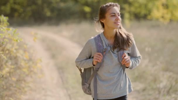 Hermosa mujer excursionista despreocupada caminando por el camino rural en el prado a lo largo del bosque — Vídeos de Stock