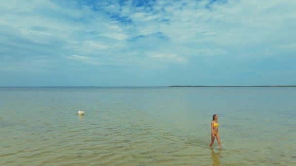 Câmera lenta drone mulher em biquíni amarelo indo para o mar — Vídeo de Stock