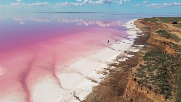 Filmklipp fra lufta fra drone som flyr over fantastisk landskap med naturlig rosa innsjø – stockvideo