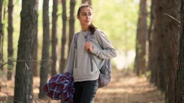 Atractiva mujer excursionista con mochila mirando alrededor en bosques de pinos — Vídeos de Stock