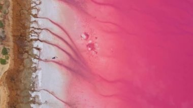 Lemurian Gölü 'nün yüksek açılı insansız hava aracı görüntüsü, aynı zamanda Pembe Göl olarak da bilinir.