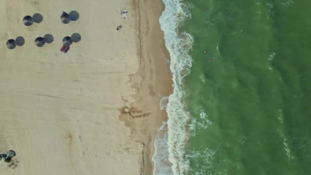 Vista aérea de cima para baixo para a praia arenosa com guarda-sóis de sol de palha — Vídeo de Stock