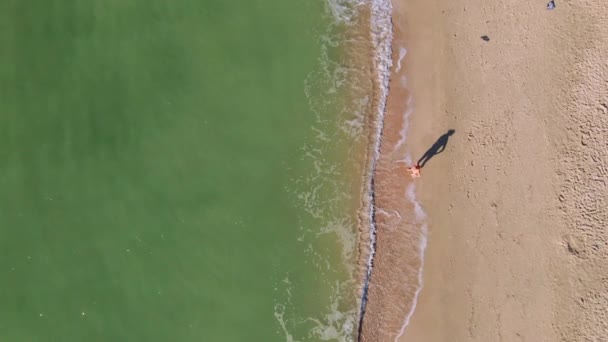 Vista aérea praia do mar e mulher tomando banho de sol — Vídeo de Stock