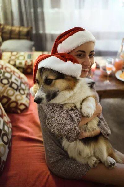 Woman and welsh corgi dog in in Christmas Santa hats hugging on sofa at home at Christmas time — Stock Photo, Image