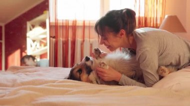 Evde köpeğiyle gülümseyen kadın, esneyen komik köpek Welsh Corgi 'ye sarılıyor.