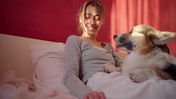 Mujer feliz con divertido lindo perro Corgi en la cama en casa — Vídeo de stock