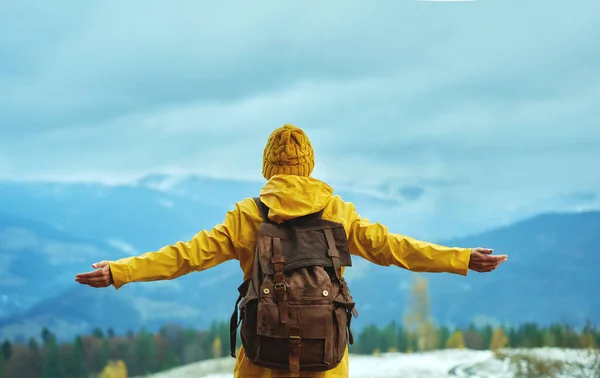En kvinne med hendene i været som ser fantastisk landskap i fjellene. – stockfoto