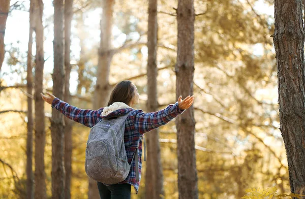 Bakspeilet ryggsekkkvinne med hevet hånd nyter vakker natur i skogen. Konseptharmoni med naturen – stockfoto