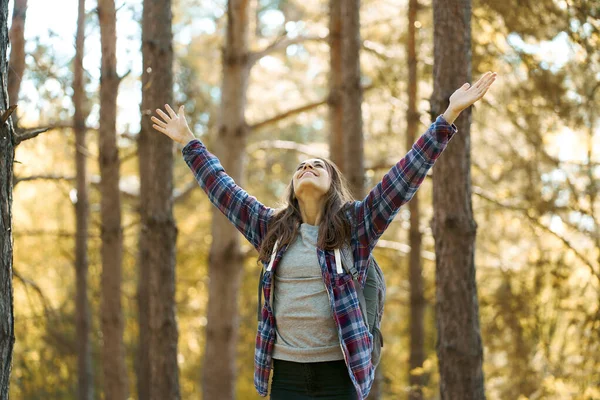 Verrukte positieve vrouw met opgeheven handen genieten van prachtige natuur in het bos. Stockfoto