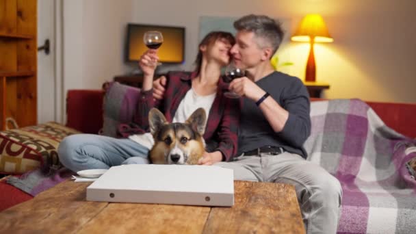 Család kanapén simogató kutya, csók, ivás bor és nevetés — Stock videók