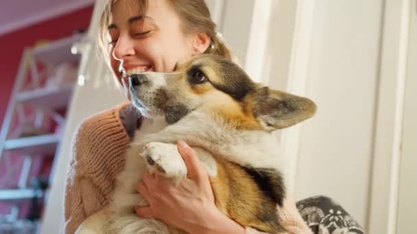 Gyengéd nő ül a padlón kutyával, ölelés és simogatás neki — Stock videók