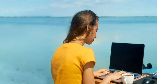 Back view freelancer woman outside working on laptop computer by blue sea during her travel Stock Image