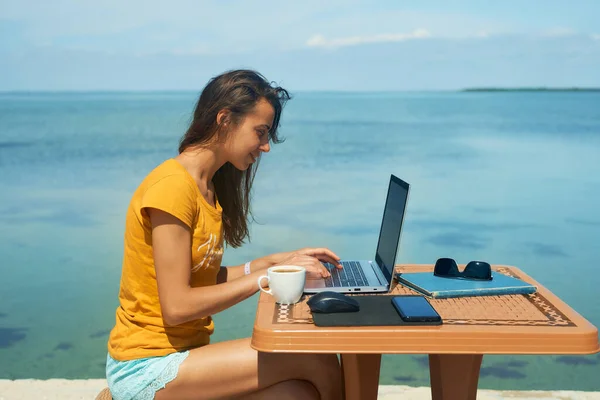 Side view zomer freelancer vrouw werken op laptop computer door blauwe zee tijdens haar reis Stockafbeelding