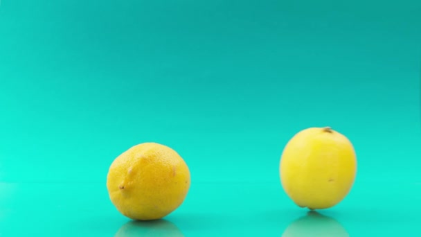 레몬을 하나씩 굽고 있습니다. 청록색 배경 위에서 하나씩요. — 비디오