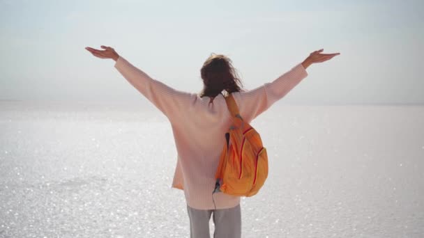 Mujer vista trasera en suéter de gran tamaño con brazos abiertos disfrutando de paisaje natural de sal plana en el lago Sasyk-Sivash — Vídeos de Stock