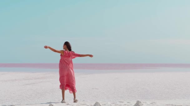 Bakifrån Romantisk drömmande kvinna i blåsa rosa klänning njuter av utsikten — Stockvideo