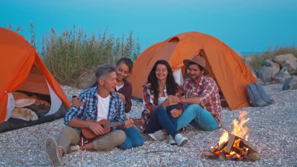 Picnic di giovani adulti con falò e ukulele in spiaggia con tende la sera — Video Stock