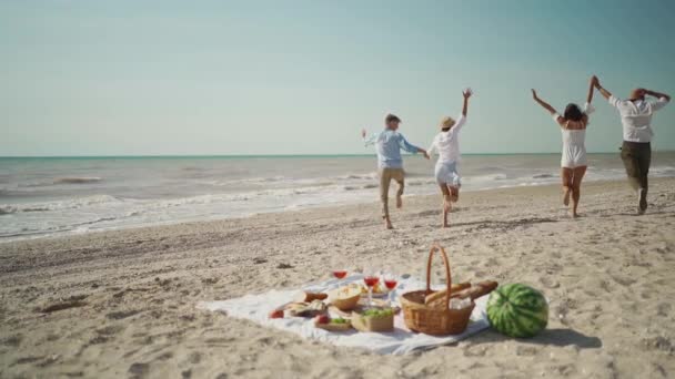 Vista posteriore di quattro amici felici che corrono lungo la spiaggia di sabbia durante le vacanze estive di gruppo — Video Stock