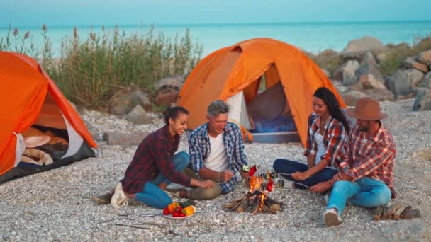 Due belle coppie che viaggiano con tende e grigliate di verdure in falò per cena — Video Stock