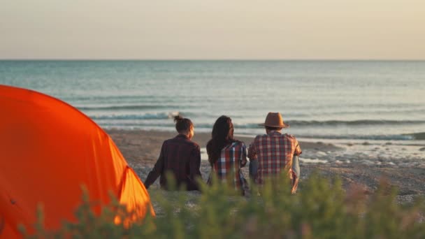 Bakifrån grupp vänner sitter vid soluppgången på stranden framför havet — Stockvideo